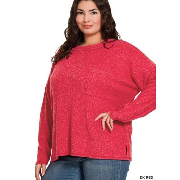Zenana Red Soft Ribbed Brushed Melange Hacci Sweater Plus Size 2X - Picture 2 of 3